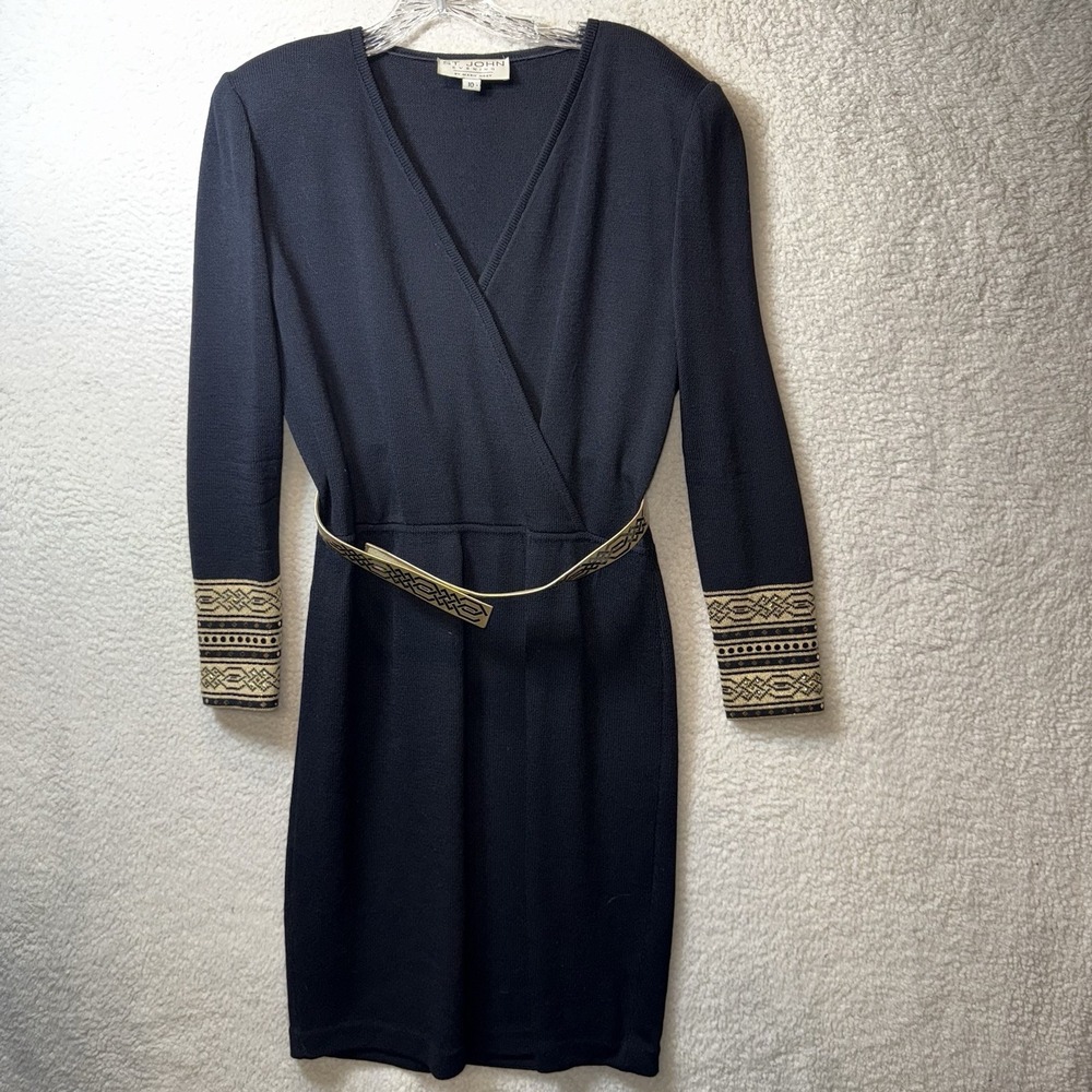 ST JOHN EVENING Black Gold Jeweled Santana Knee Length Sheath Dress 10
